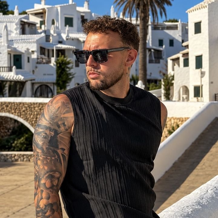 Iván López en un pueblo blanco junto al mar